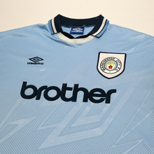 Load image into Gallery viewer, 1993/95 Rosler #28 Manchester City Vintage Umbro Home Football Shirt (L)2

