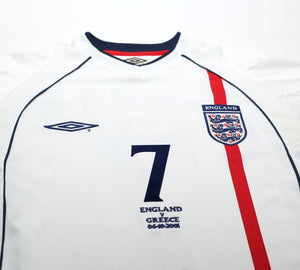 2001/03 BECKHAM #7 England Vintage Umbro Home Greece Football Shirt (S) WC 2002